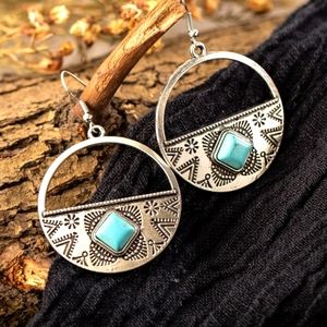 Boho Festival Folk Round Drop Turquoise Earrings